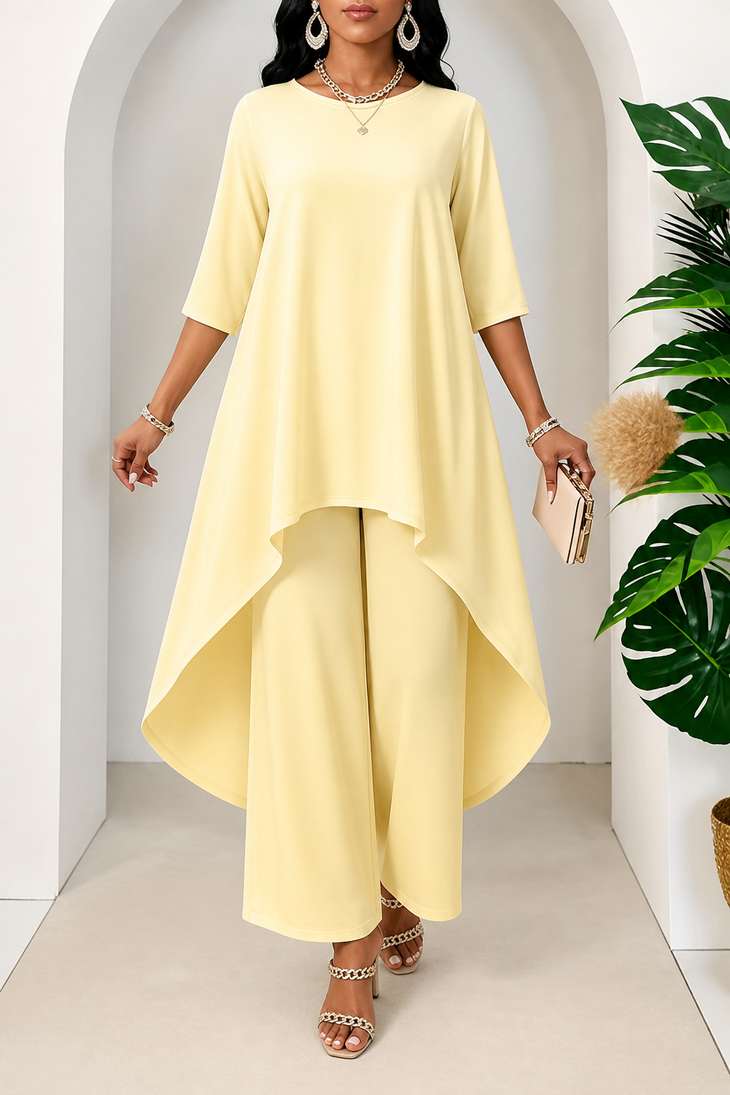 Lineve – Asymmetric Diagonal-Hem Top And Wide-Leg Pants Set