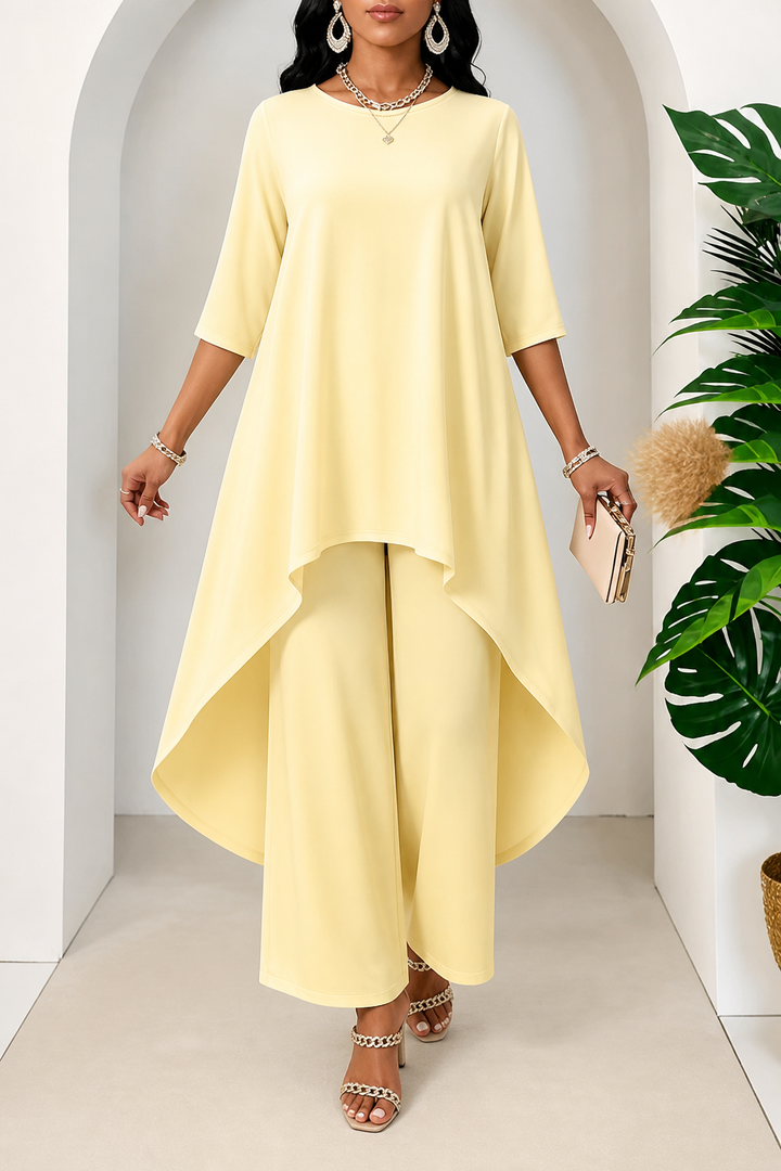 Lineve – Asymmetric Diagonal-Hem Top And Wide-Leg Pants Set