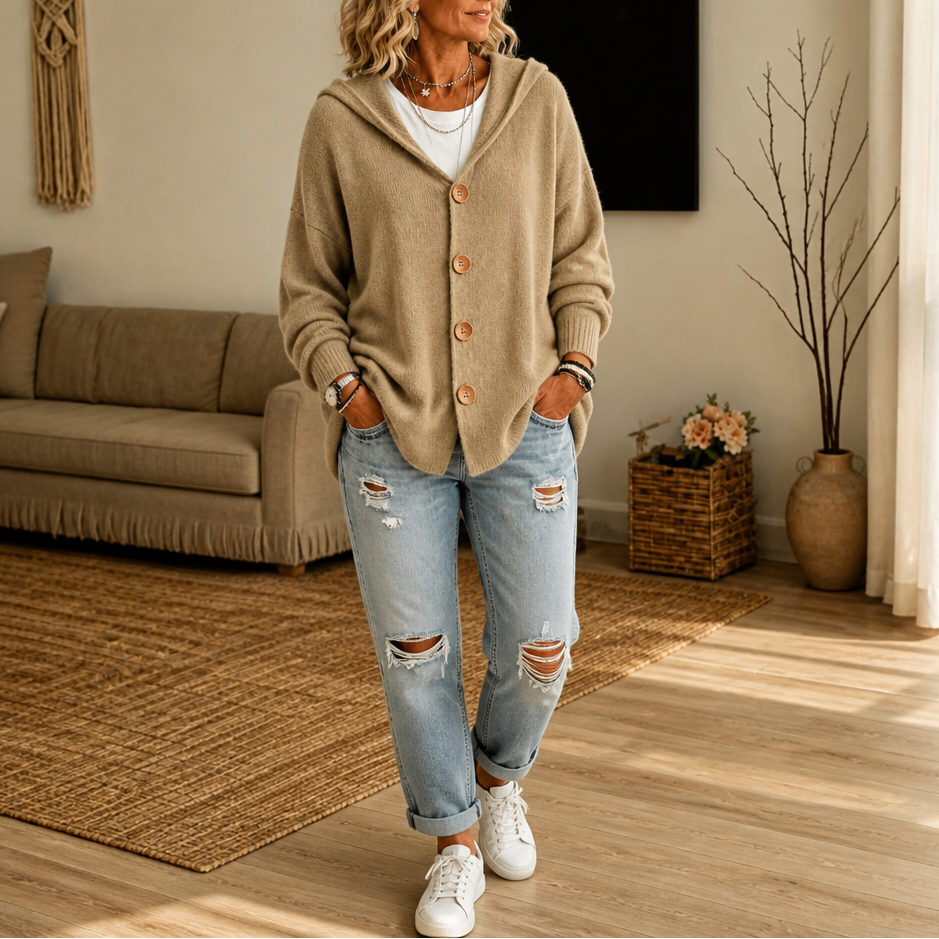Wearbella – Hooded Waffle-Knit Button-Front Cardigan