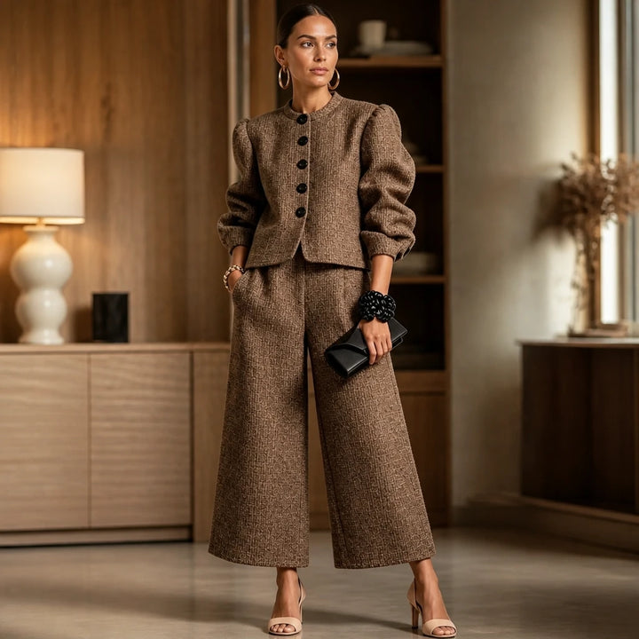 Maison Tweed – Button-Front Bouclé Puff-Sleeve Pants Set