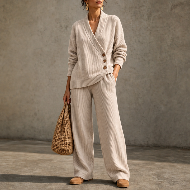 Olivea – Ribbed Wrap Top And Wide-Leg Pants Set