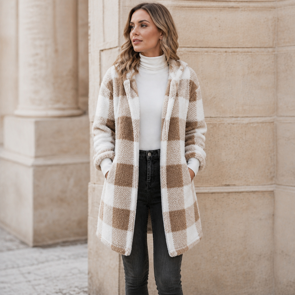Plaidelle – Oversized Plaid Hooded Fleece Cardigan