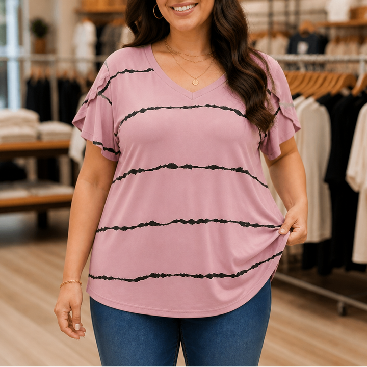 Curvella – Striped V-Neck Stretch Knit Tee