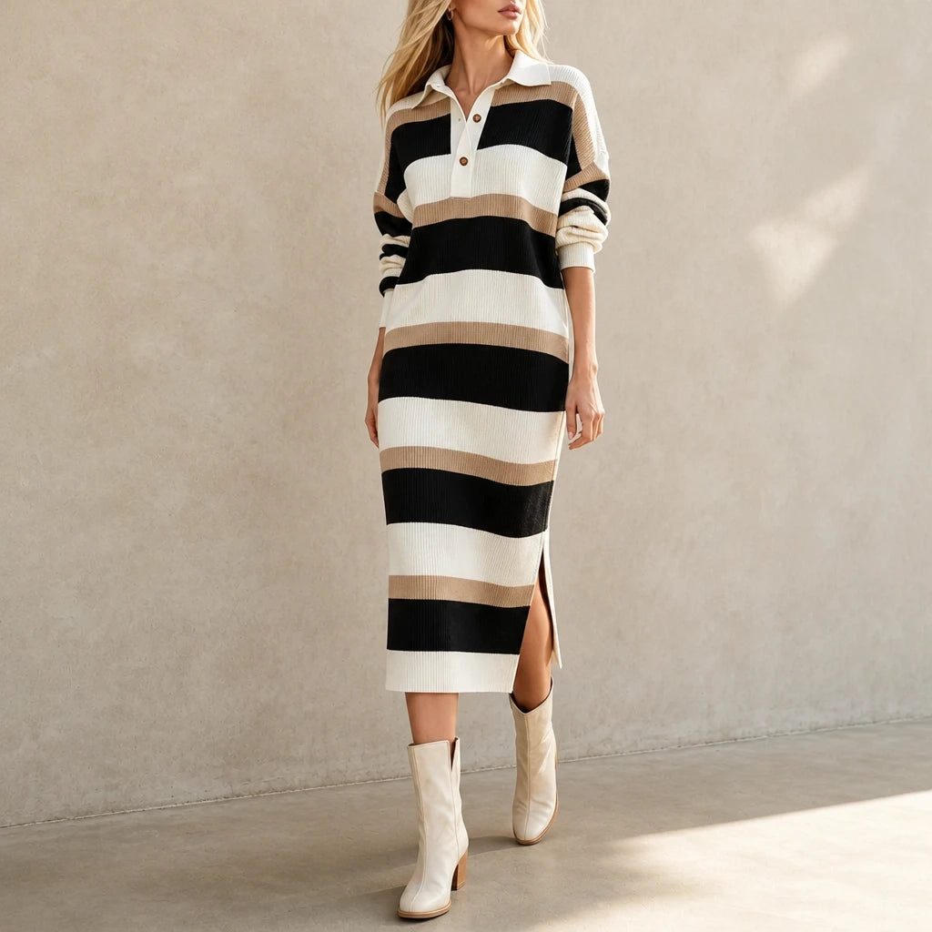 Collara – Striped Knit Polo-Collar Dress