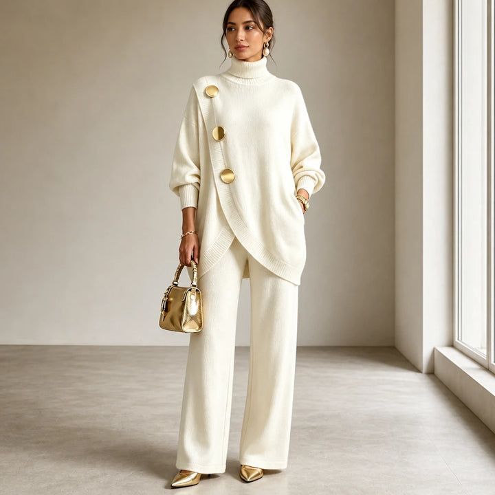 Mackenzie – Gold-Button Asymmetric Knit Two-Piece Set