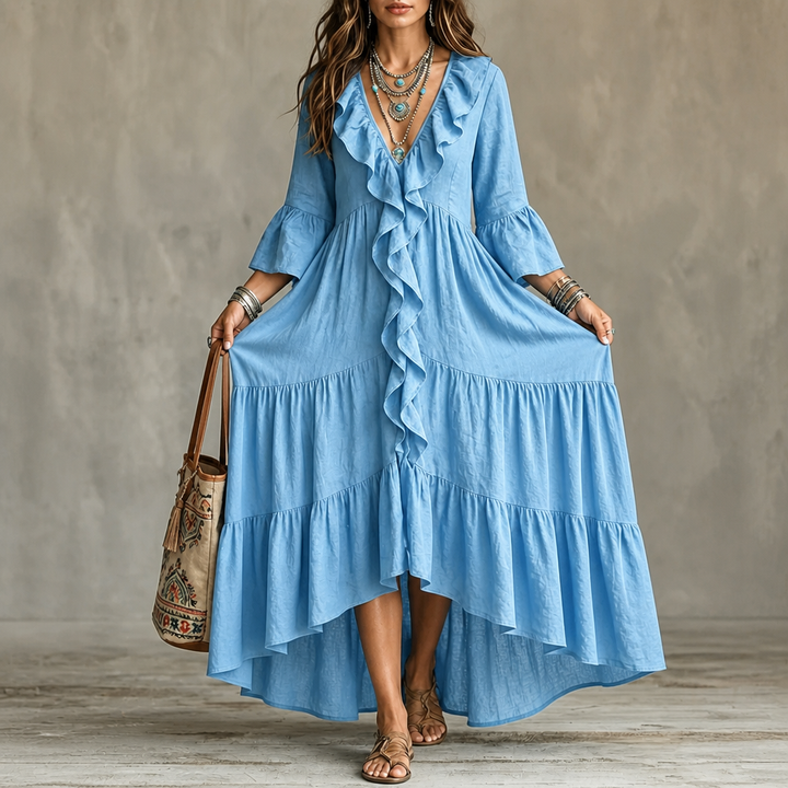Cascada – High-Low Ruffle V-Neck Bell Sleeve Dress