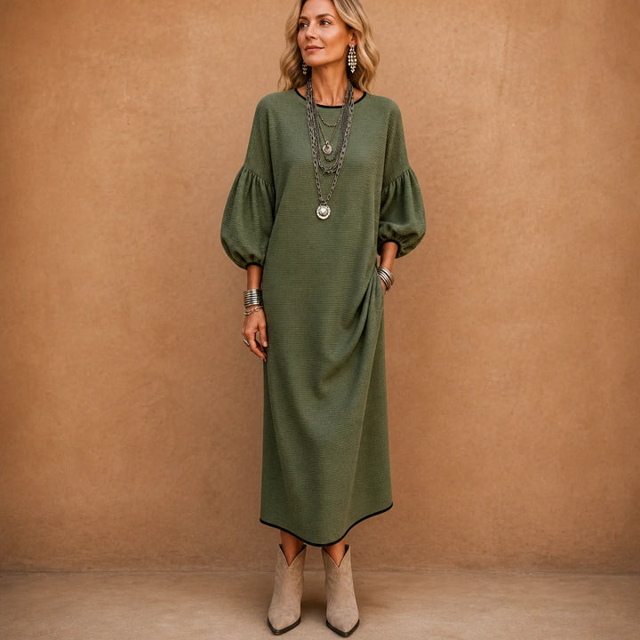 Vivelyn – Textured Knit Puff Sleeve Midi Dress