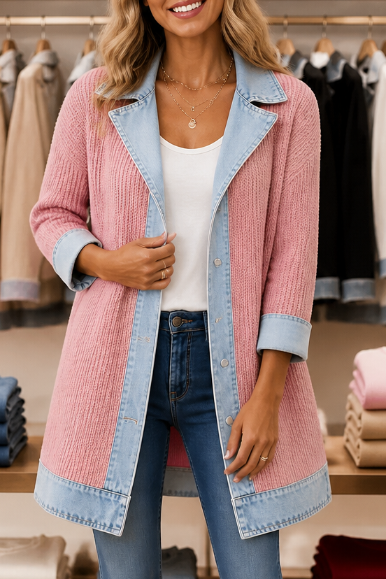 Wearbella – Denim-Look Spliced Ribbed Knit Coat
