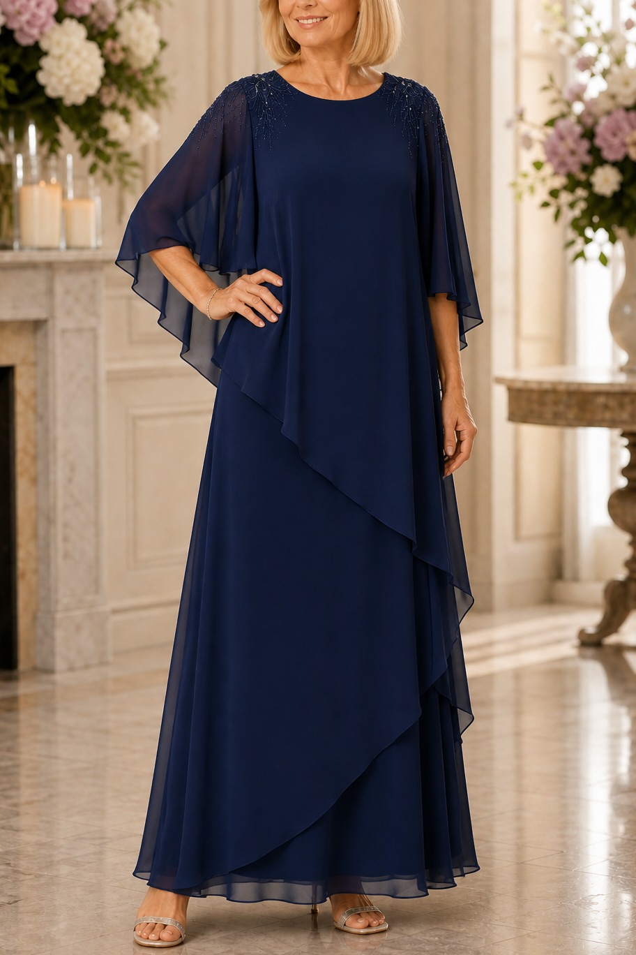 Vellamora – Cape Sleeve Layered Chiffon-Look Evening Gown