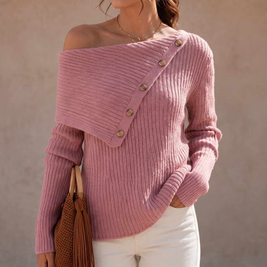 Velaine – Asymmetric Off-Shoulder Ribbed Sweater
