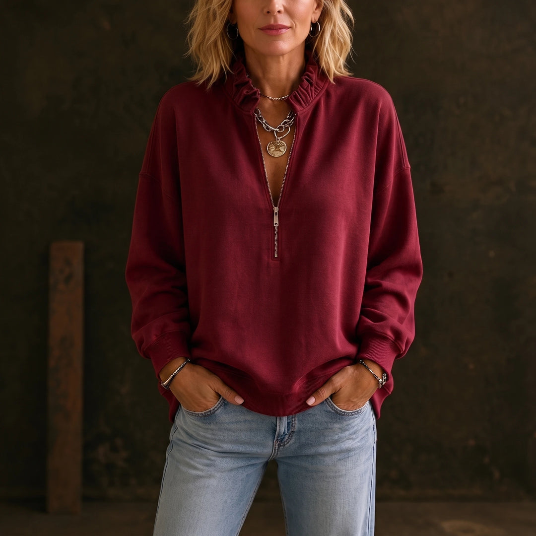 Ruffle & Rise – Ruffled Mock-Neck Quarter-Zip Sweatshirt