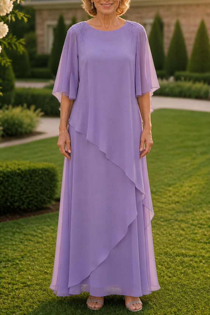 Vellamora – Cape Sleeve Layered Chiffon-Look Evening Gown