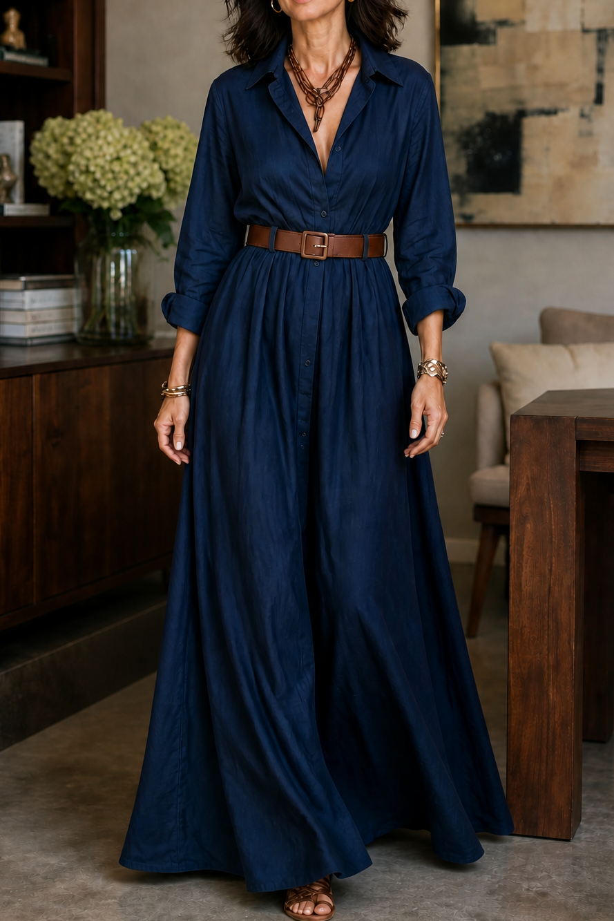 Belveil – Belted Collared Long-Sleeve Maxi Shirt Dress