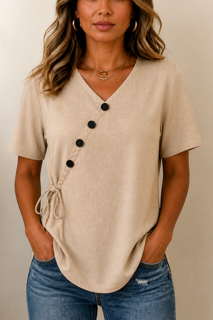 Wearbella – Side-Tie Diagonal-Button V-Neck Top