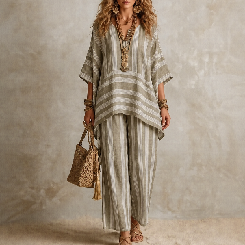 Ease & Stripe – Striped V-Neck Tunic And Trouser Set
