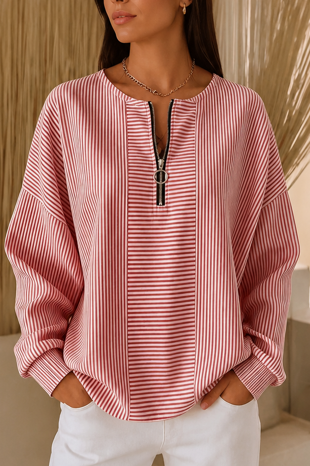Everline – Striped Long Sleeve Zip-Up Top
