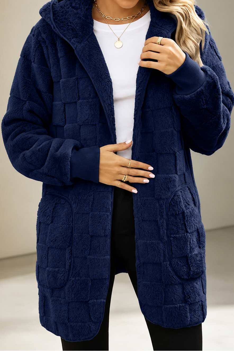 Plushden – Checkered Fuzzy Open-Front Cardigan