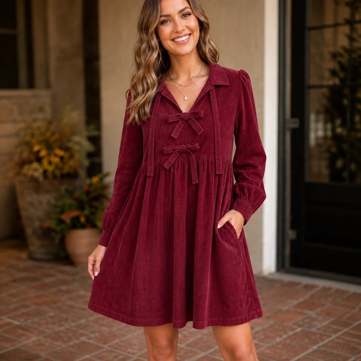 Cordelia – Bow-Front Corduroy-Look Babydoll Dress