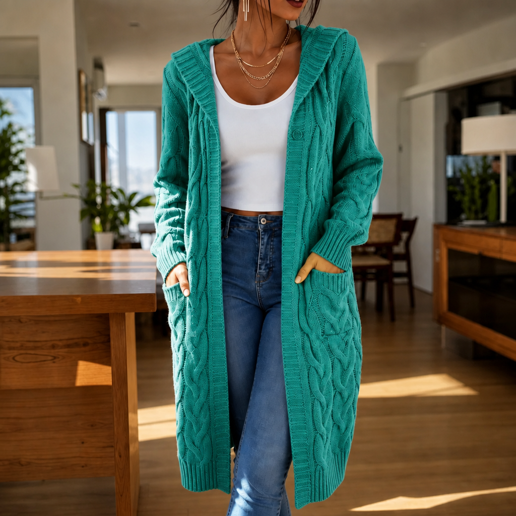 Wrapetta – Hooded Longline Cable-Knit Cardigan