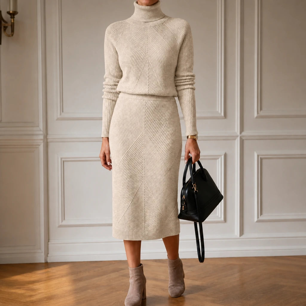 Veluna – Ribbed Turtleneck Sweater And Skirt Set