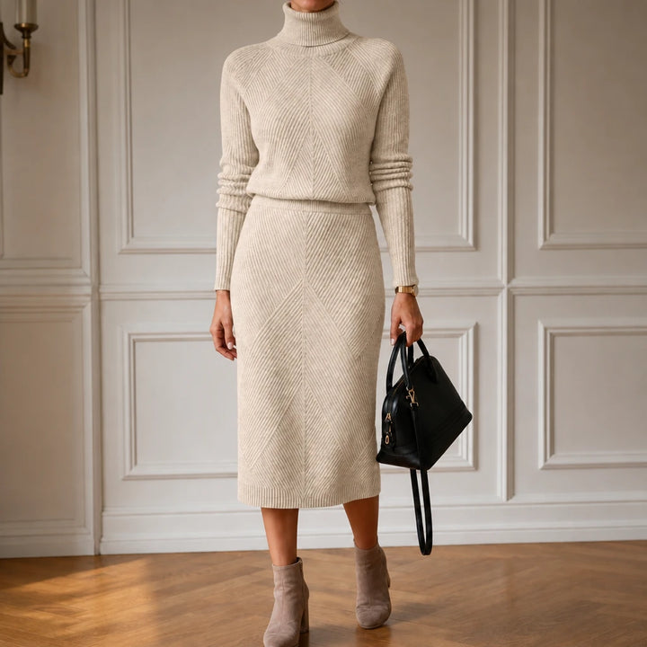 Veluna – Ribbed Turtleneck Sweater And Skirt Set