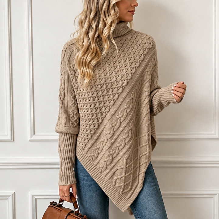 Cablelle – Asymmetric Cable-Knit Turtleneck Poncho