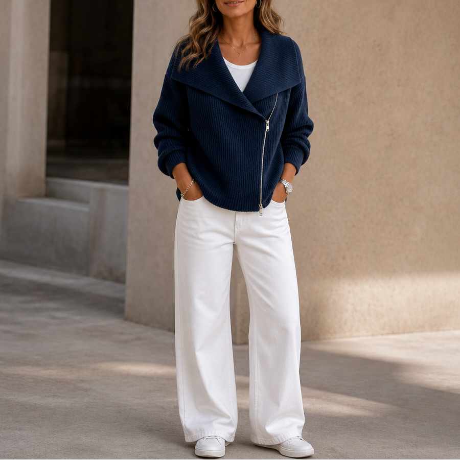 Wearbella – Diagonal Zip Oversized Collar Ribbed Knit Jacket