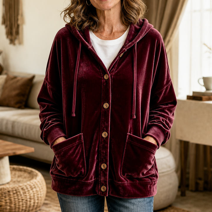 Coziva – Hooded Button-Front Velour Cardigan