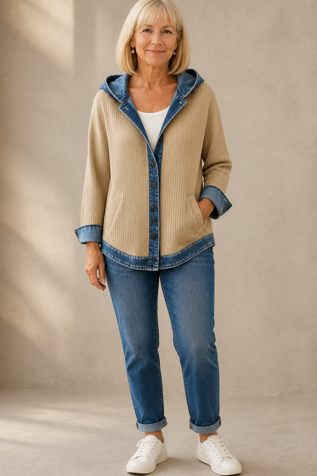 [BrandName] – Denim-Trim Hooded Knit Cardigan