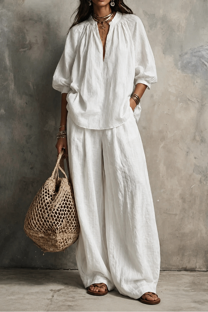 Amselle – Ruched Collar Blouse And Wide Leg Pants Set