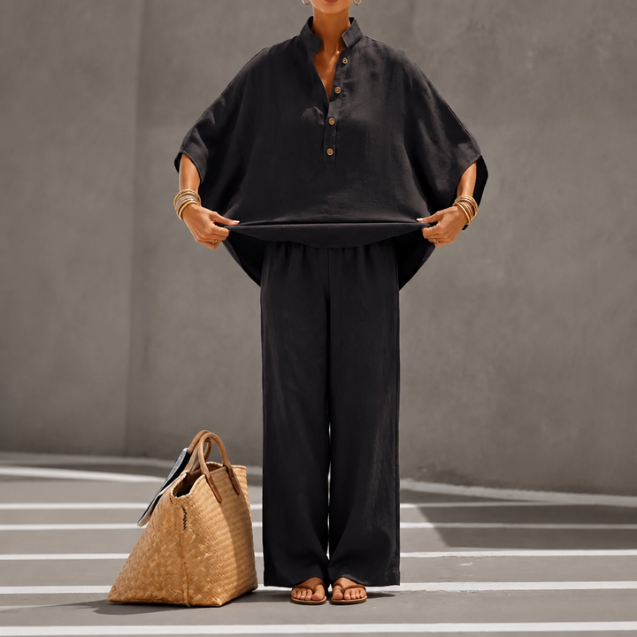 Wearlinne – Stand Collar Batwing Sleeve Linen Set