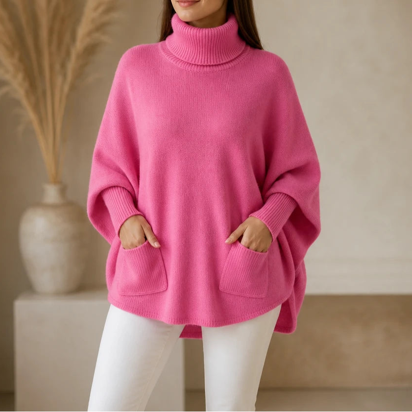 Veloura – Oversized Turtleneck Pocket Poncho Sweater