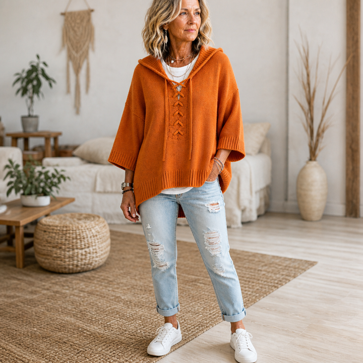 Lunarknit – Lace-Up Deep V Hooded Knit Pullover