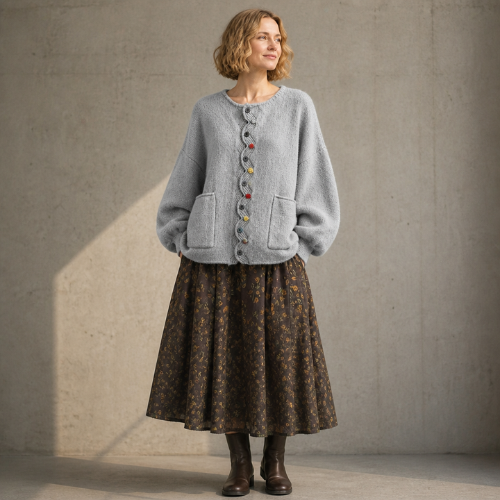 Wavelyn – Wavy Placket Lantern Sleeve Cardigan