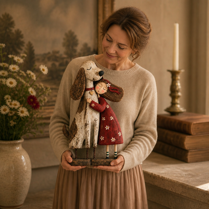 Wearbella – Distressed Resin Girl Hugging Pet Figurine