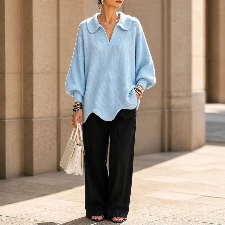 Velluna – Scalloped Hem V-Neck Sweater