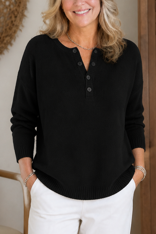 Wearbella – V-Neck Button Placket Knit Sweater