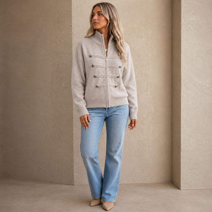 Mayfield – Gold Button Military-Style Knit Cardigan