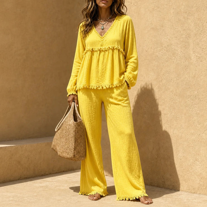 Boho Belle – Fringe-Trim Crinkle Top And Wide-Leg Pants Set