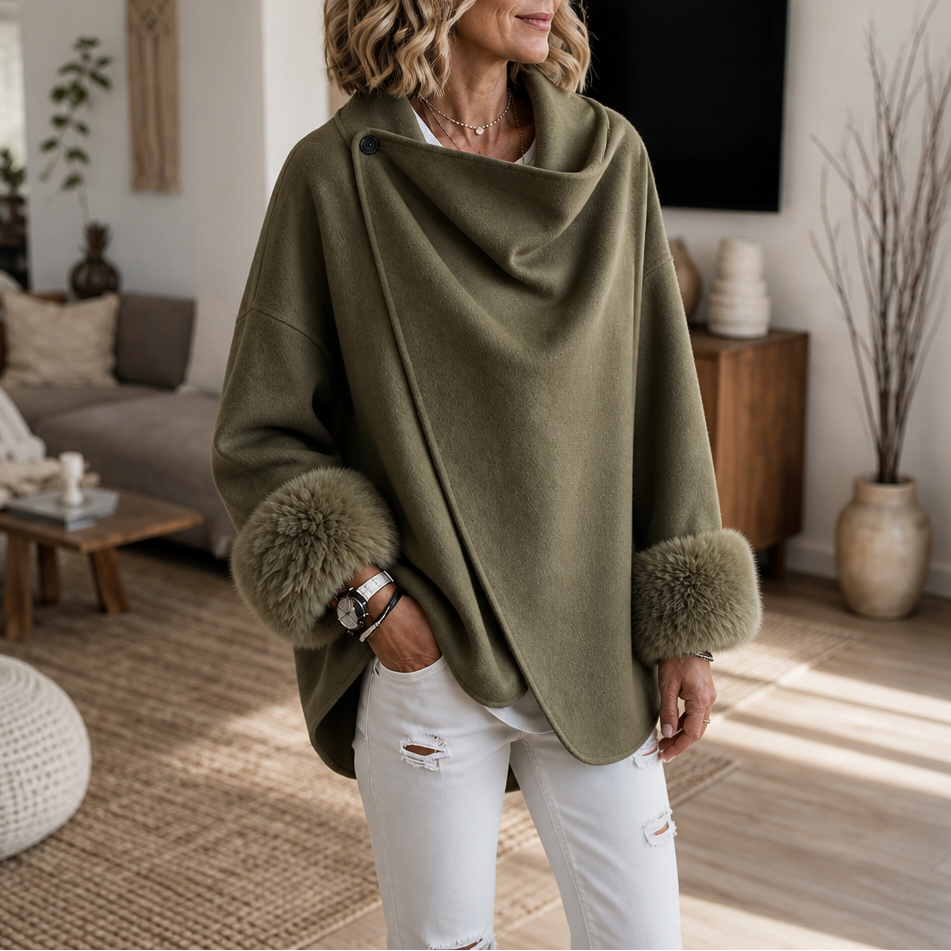 Wearbella – Faux Fur Cuff Asymmetric Wrap Blend Jacket