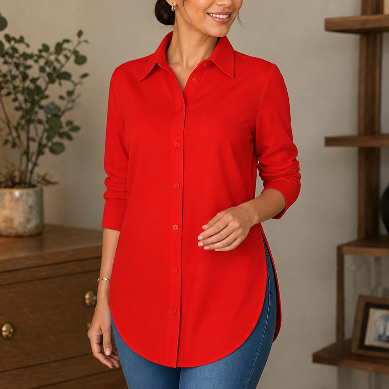 Elara Curve – Curved-Hem Stretch Button-Front Shirt