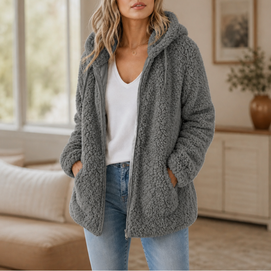 Cozelia – Fuzzy Hooded Zip-Up Fleece Jacket
