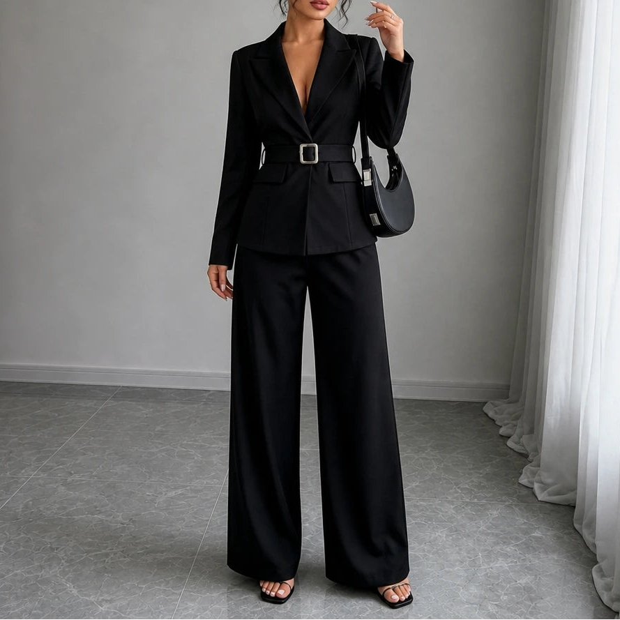 Vivia – Contrast-Lapel Belted Wide-Leg Pantsuit