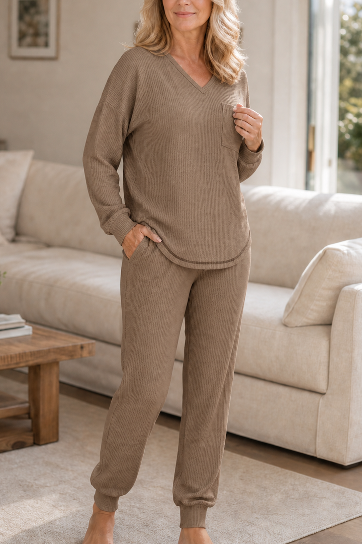 Wearbella – Waffle-Knit-Look V-Neck Lounge Set