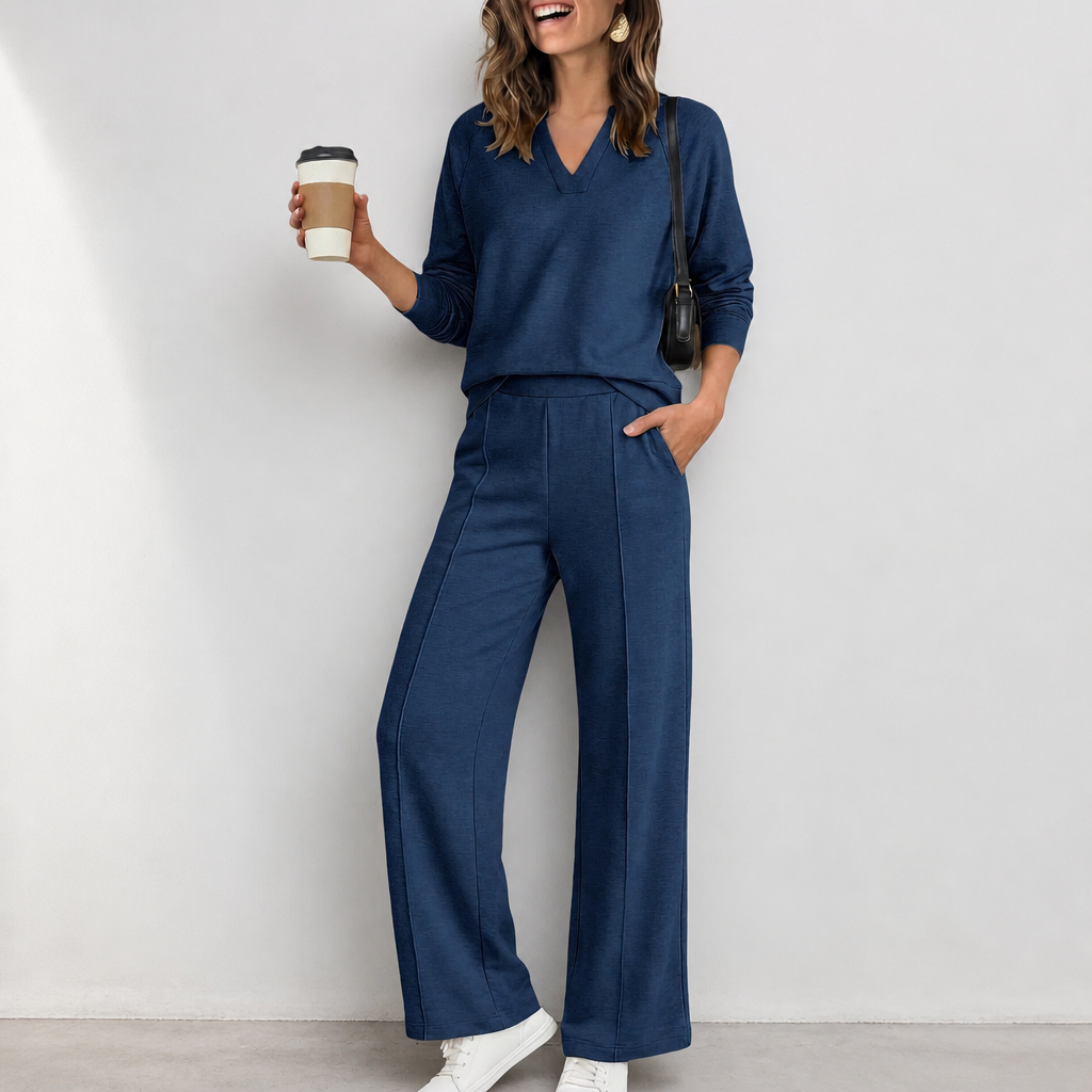 Wearbella – V-Neck Knit Top And Wide-Leg Pants Set