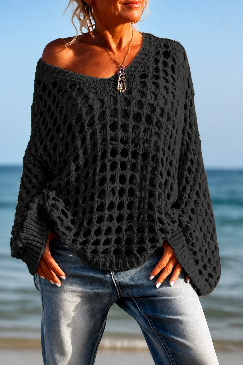 Sunlace – Open-Knit Off-Shoulder Oversized Sweater