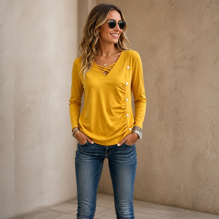 Ruchelle – Crisscross V-Neck Side-Ruched Top