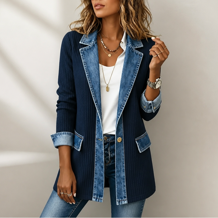Ribova – Ribbed Knit Coat With Denim Panels