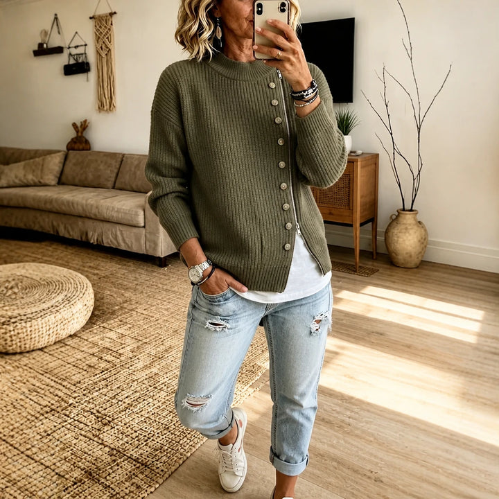 Velaire – Asymmetric Button Zip Ribbed Knit Pullover