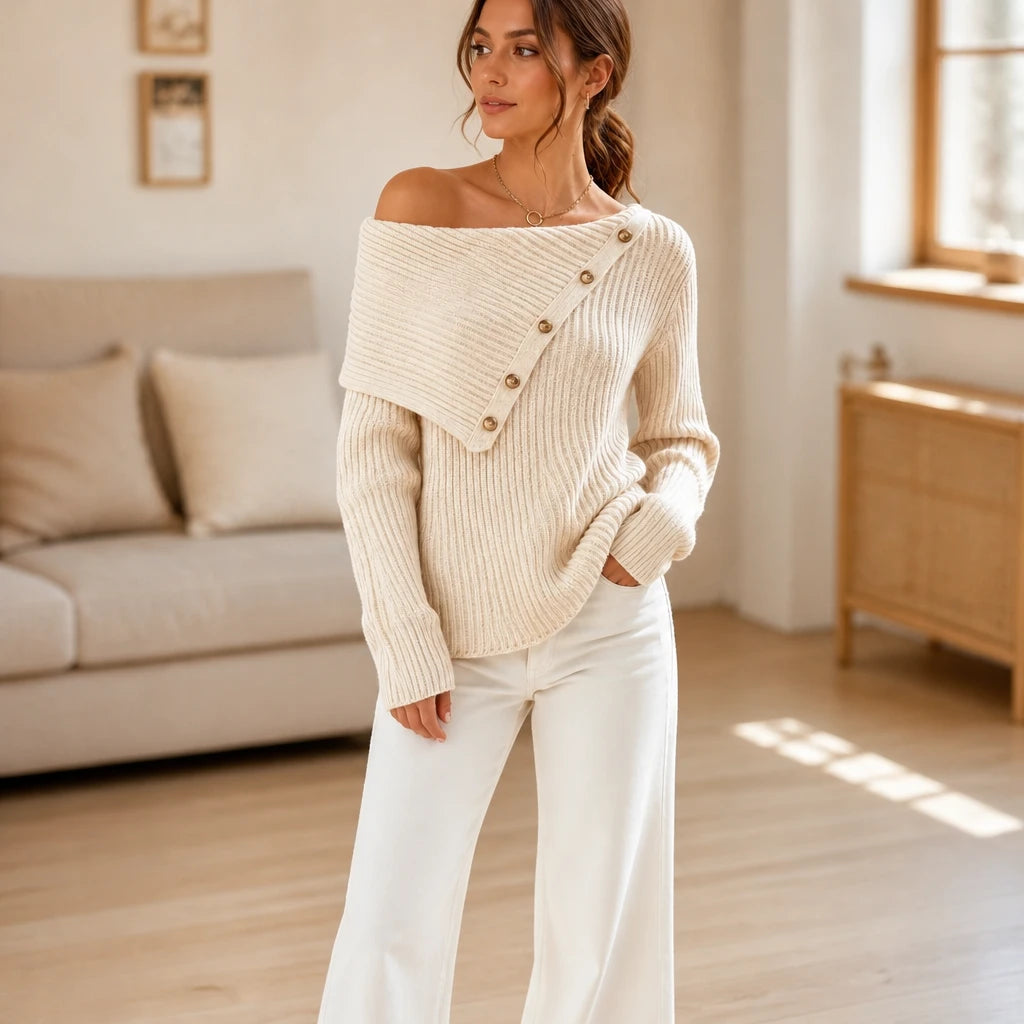 Velora – Asymmetric Button Off-The-Shoulder Knit Sweater